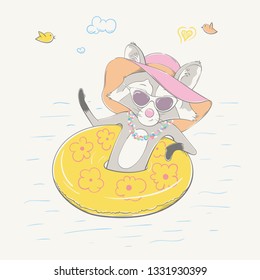 Lovely cute raccoon girl sitting on the yellow inflatable circle. Young swimmer in the sunglasses, the wreath and the summer hat. Summer series of children's card with cartoon style animal.