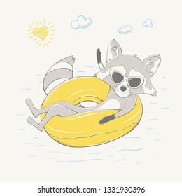 Lovely cute raccoon sitting on the yellow inflatable circle. Summer series of children's card with cartoon style animal. Easy vector illustration