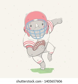 Lovely cute rhino dressed like American Football player with ball in field. Young dressed rhino. Sport series of children's card with cartoon style animal. Vector illustration.