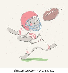 Lovely cute rhino dressed like American Football player with ball in field. Young dressed rhino. Sport series of children's card with cartoon style animal. Vector illustration.