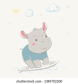 Lovely cute rhino rides on the surfboard with the green and pink stripes. Young rhino dressed in the wetsuit or the swimsuit. Summer series of children's card with cartoon style animal. Easy vector