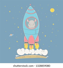 Lovely cute rhino rises in the rocket in the space. Space series of children's card with cartoon style animal. Easy vector illustration