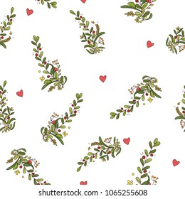 lovely cute seamless pattern with herbs and hearts in vector