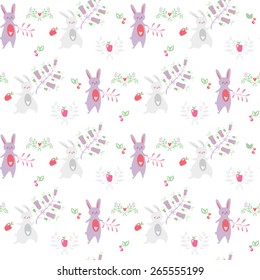 Lovely cute seamless pattern with rabbits, apples and spring or summer floral elements elements. Works well as decor for scrapbooking, wrapping, notebooks, diary, decals, school or kid accessories.