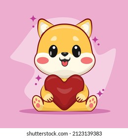 Lovely Cute Shiba Inu With Heart Shape Cartoon Vector Icon Illustration. Animal Nature Icon Concept Isolated Premium Vector. Flat Cartoon Style