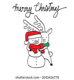 A lovely cute snowman in reindeer's hug for Merry Christmas concept. Hand drawn vector illustration in doodle art style on white background