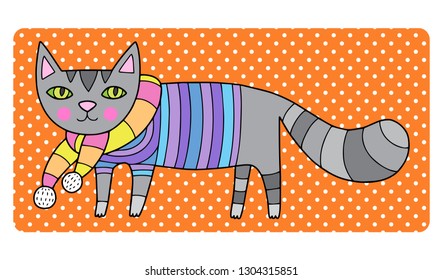 Lovely cute vector cat illustration in cartoon style. Grey kitten on bright polka dot background.
