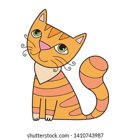 Lovely cute vector cat illustration in cartoon style. Isolated on white. Sitting.