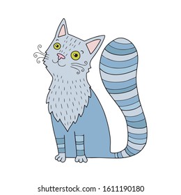 Lovely cute vector cat illustration in cartoon style. Grey kitten sitting.