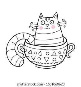 Lovely cute vector cat illustration in cartoon style. Cat in a cup. Black outline drawing perfect for coloring book or page for children or adults.