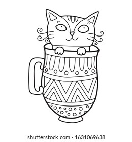 Lovely cute vector cat illustration in cartoon style. Cat in a cup. Black outline drawing perfect for coloring book or page for children or adults.