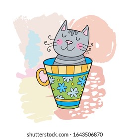 Lovely cute vector cat illustration in cartoon style. Cat in a cup. Black outline and bright colors drawing.