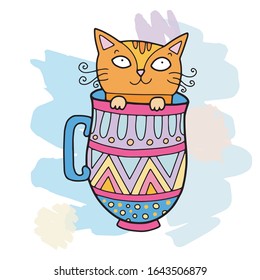 Lovely cute vector cat illustration in cartoon style. Cat in a cup. Black outline and bright colors drawing.
