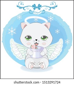 lovely cute white Christmas cat angel,  little kitten wifh gift. The picture in hand drawing style, Happy new year and Christmas card  