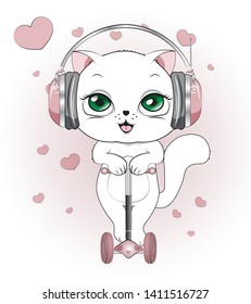 lovely cute white kitten, the cat,  in an environment of hearts, on a white background with earphones, on the scooter