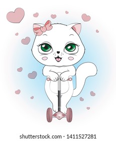 lovely cute white kitten, the cat,  in an environment of hearts, on a white background with earphones, on the scooter
