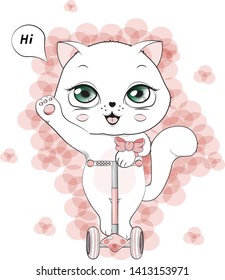 lovely cute white kitten, the cat, on a white background on the scooter, the 