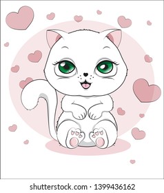 lovely cute white kitten, in an environment of hearts, on a white background