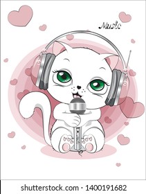 lovely cute white kitten, in an environment of hearts, on a white background with earphones, headphones and microphone, a white cat