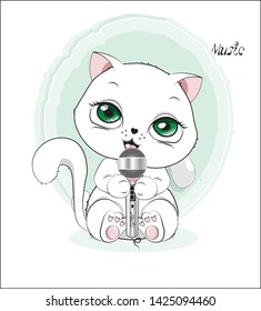 lovely cute white kitten, iwith the microphone, sings the song