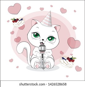 lovely cute white kitten, iwith the microphone, sings the song, on the cake and heart background