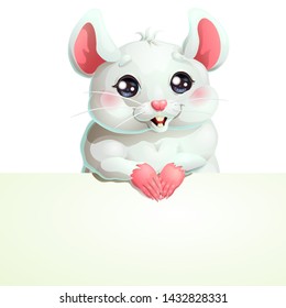 The lovely cute white and pink mouse with black eyes with banner or a poster isolated on white background. A vector illustration in cartoon 3d style