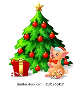A lovely cute yellow pig with red bow and a fir-tree with spheres and star, a Candy cane and gift box on blue with snowflakers. A vector illustration in cartoon style, isolated on white