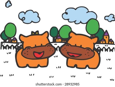 Lovely and Cute young Cows Character - playing with adorable friends in rural, natural meadow on white background : vector illustration