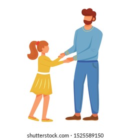 Lovely dad with daughter flat vector illustration. Close family relationships. Daddy playing with little girl. Caucasian father holding hands of kid isolated cartoon characters on white background