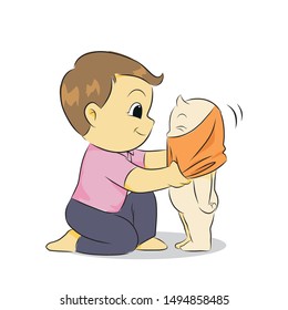 lovely dad wearing a shirt for the child. happy and smile. vector illustration isolated cartoon hand drawn. good family.