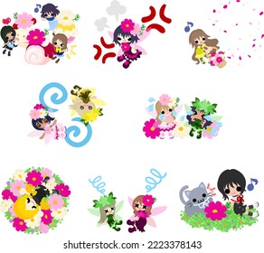 Lovely daily life illustration with cute little flower fairies and girls surrounded by cosmos