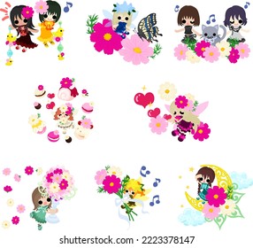 Lovely daily life illustration with cute little flower fairies and girls surrounded by cosmos