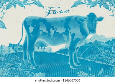 Lovely dairy cattle in engraving style on farmland, negative film effect Lovely dairy cattle in engraving style on farmland, negative film effect