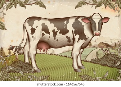 Lovely dairy cattle in engraving style on farmland Lovely dairy cattle in engraving style on farmland