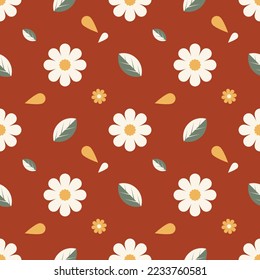 lovely daisy and leaves on brown background. Spring flower background. Cute daisies pattern. vector illustration.