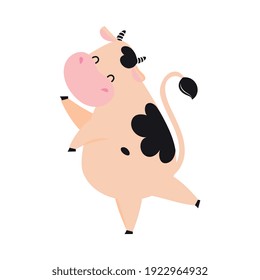 Lovely Dancing Baby Cow, Adorable Funny Farm Animal Cartoon Character Vector Illustration