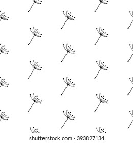 Lovely dandelion seed pattern with hand drawn seeds. Cute vector black and white dandelion seed pattern. Seamless monochrome dandelion seed pattern for fabric, wallpapers, cards and web backgrounds.