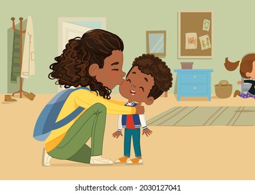 Lovely dark skin woman giving goodbye kiss to little son at nursery school vector flat illustration. Adorable African American family feeling love and tenderness to each other having happy childhood