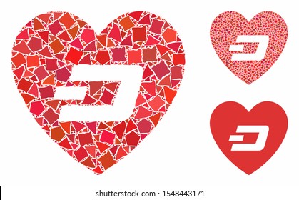 Lovely Dash heart composition of inequal items in various sizes and color hues, based on lovely Dash heart icon. Vector unequal items are united into collage.