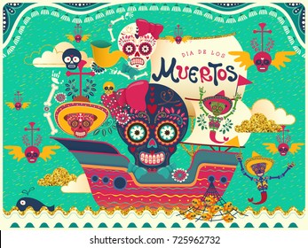 Lovely Day of the Dead poster, smelling skulls on a boat isolated on turquoise background in flat style, holiday's name in Spanish