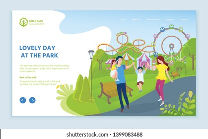 Lovely day at park vector, family spending time with kid, parenting and child. Ferris wheel and carousels for adults and kiddos fun weekends. Website or webpage template, landing page flat style