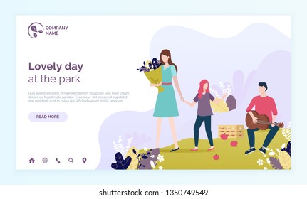Lovely day in park vector, man playing, guitar, guitarist with musical instrument, kid walking with mother. Woman holding bouquet and selling. Website or web page template, landing page flat style