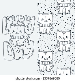 Lovely day. Set of seamless cute childish pattern and doodle cut image with hand drawn cute animals. Creative doodle kids texture for fabric, textile, wallpaper, prints, apparel. Vector illustration