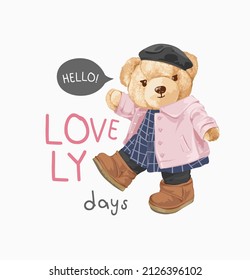 lovely days slogan with cute bear doll in pink overcoat vector illustration