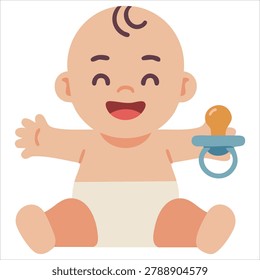 Lovely decorative artwork displaying gleeful child holding soother lower upper teeth atop a soft white background canvas