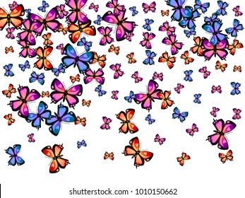 Lovely decorative butterfly silhouette kite background on white. Spring butterfly hover theme vector in pink, violet, red, blue and purple colors. Repeating insect soar backdrop for ceramic tile.