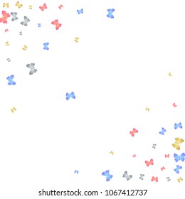 Lovely decorative butterfly silhouette kite backdrop on white. Wildlife butterfly hover theme vector in gold, silver, blue and red colors. Repeating insect soar artwork for wallpaper.