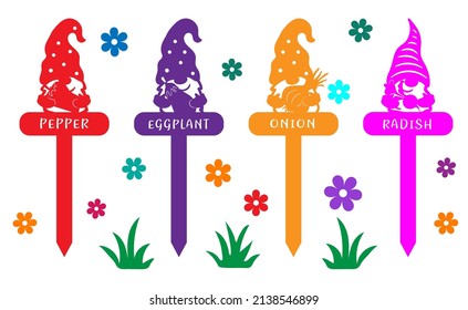 Lovely decorative garden and garden toppers with gnomes and vegetables. Signs with carved elements