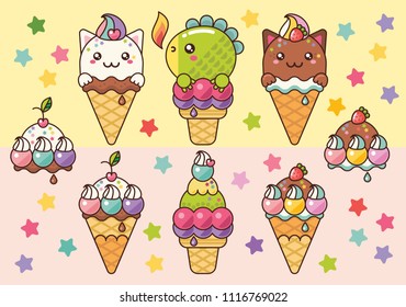 Lovely delicious ice cream with kittens and a small dragon. Summer desserts.