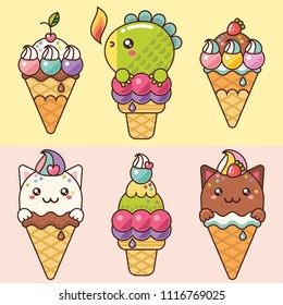 Lovely delicious ice cream with kittens and a small dragon.